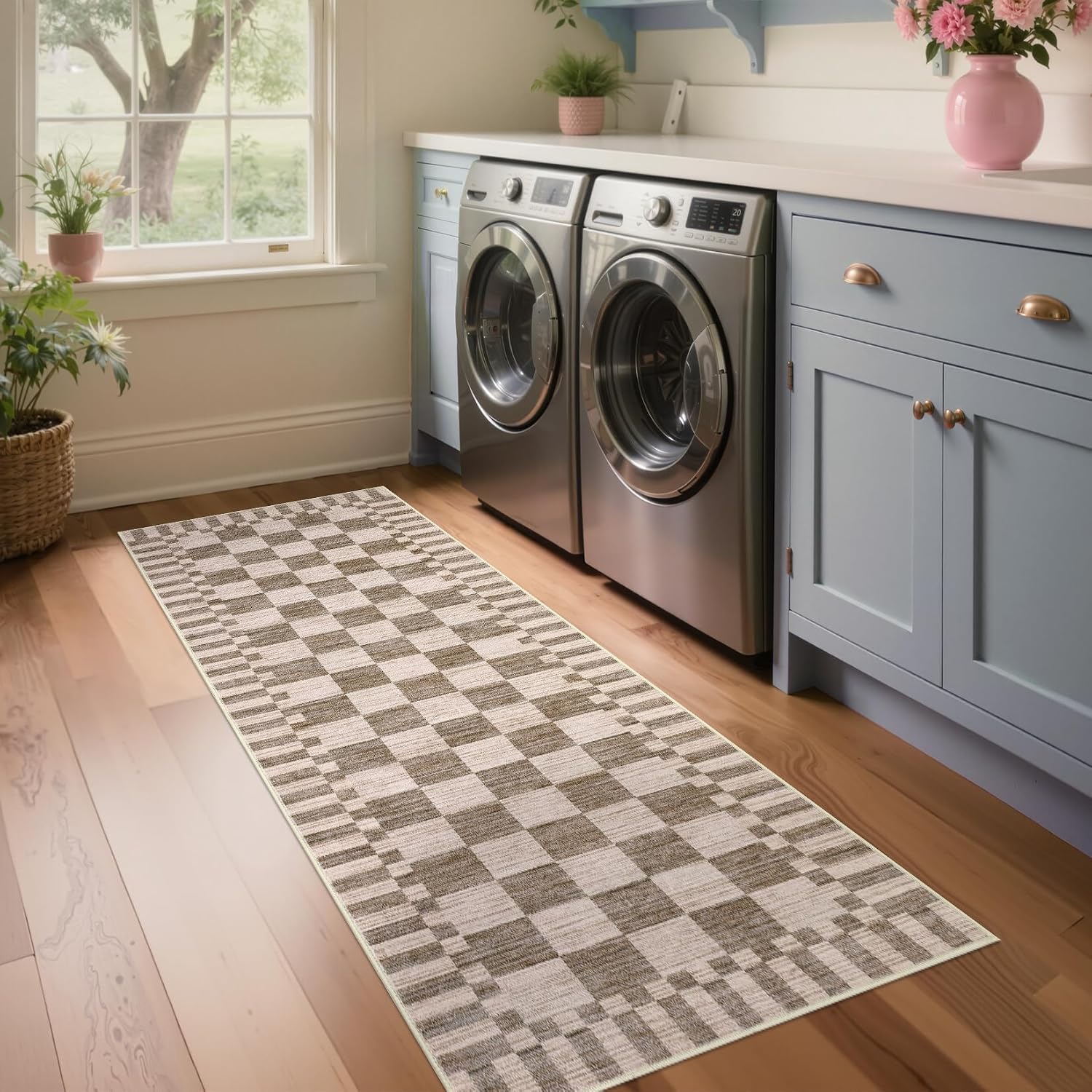 Washable Checkered Non-Slip Hallway Runner Rug