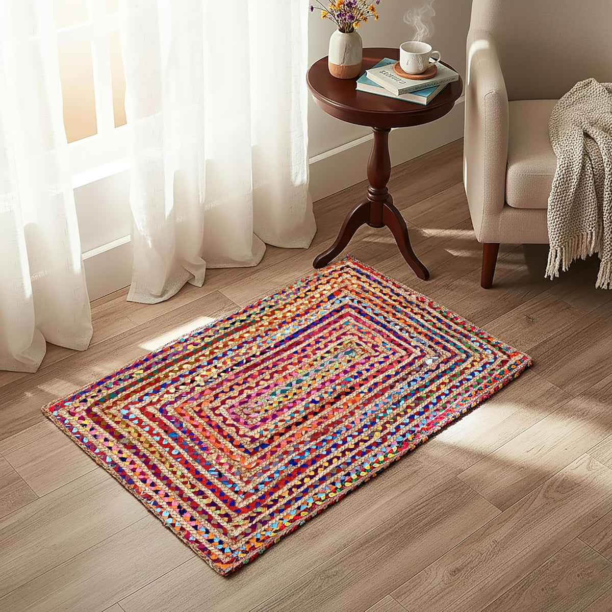 Boho Braided Jute Cotton Rug