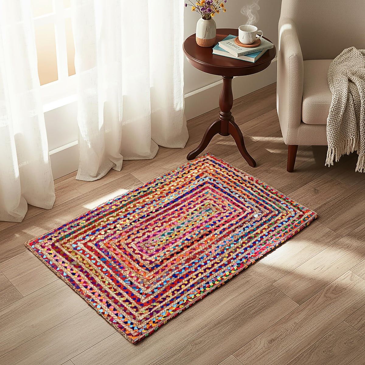 Boho Braided Jute Cotton Rug