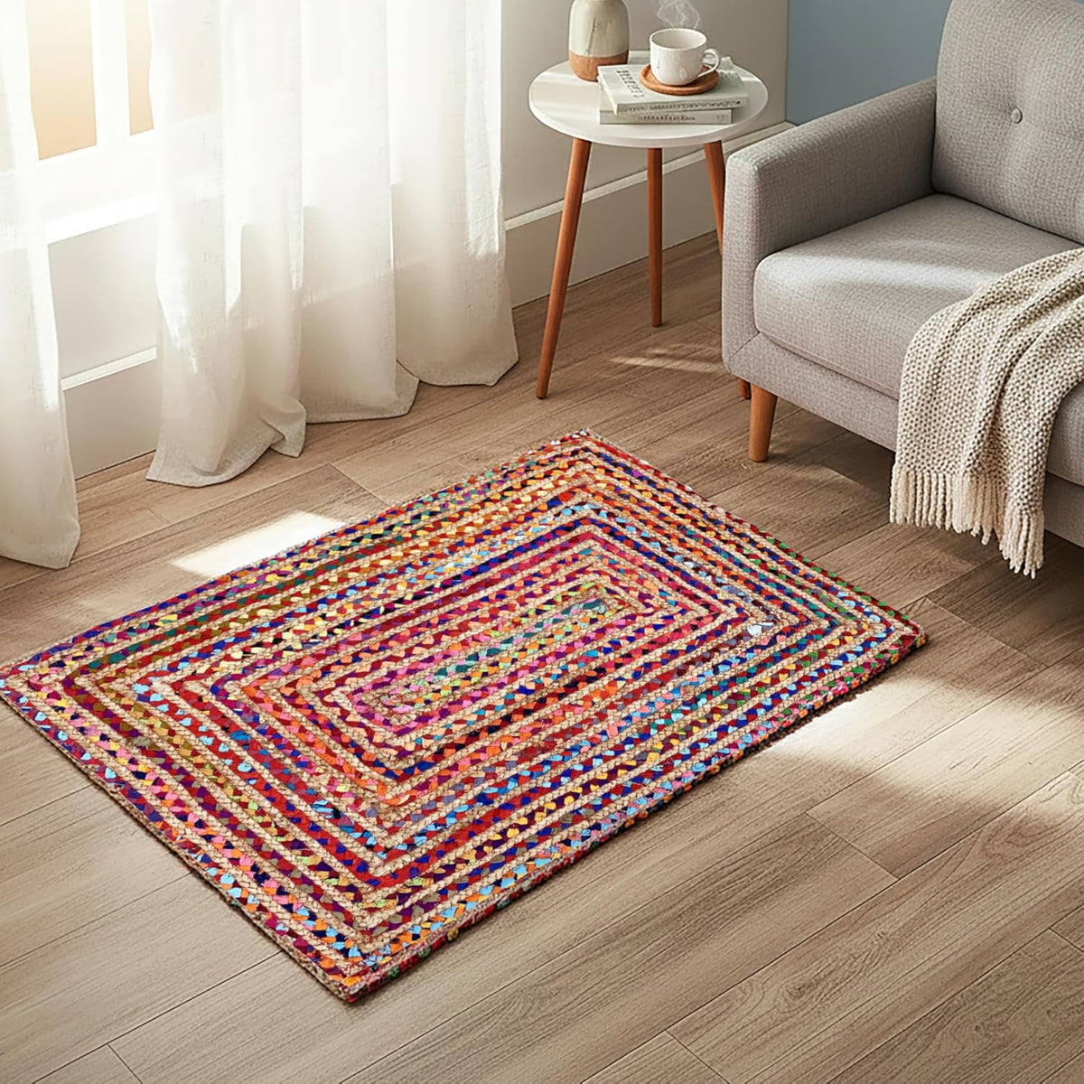 Boho Braided Jute Cotton Rug