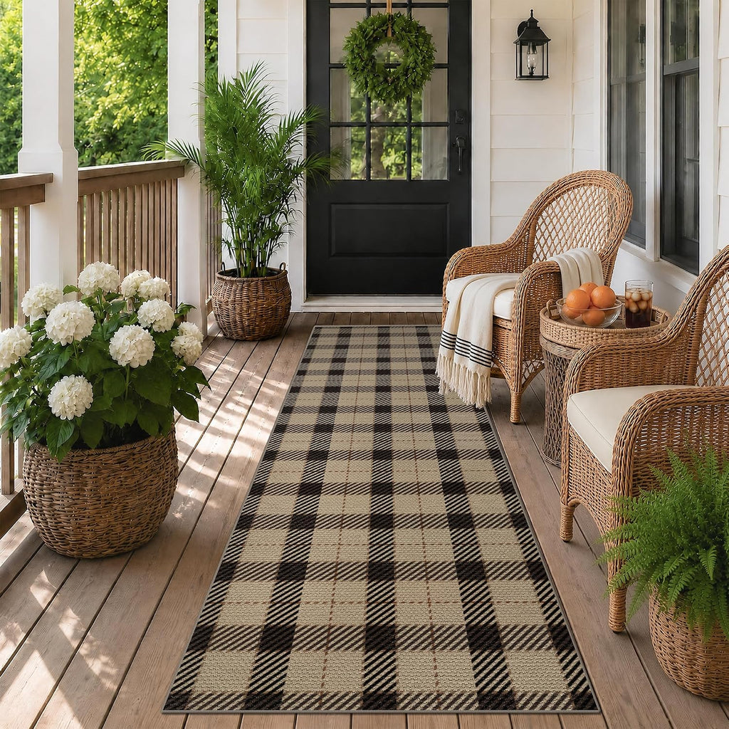 Washable Plaid Jute Indoor Outdoor Runner Rug