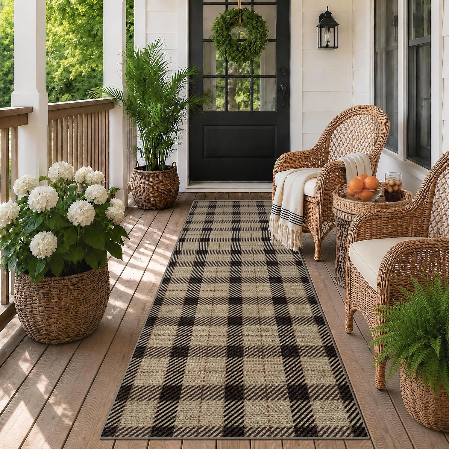 Washable Plaid Jute Indoor Outdoor Runner Rug